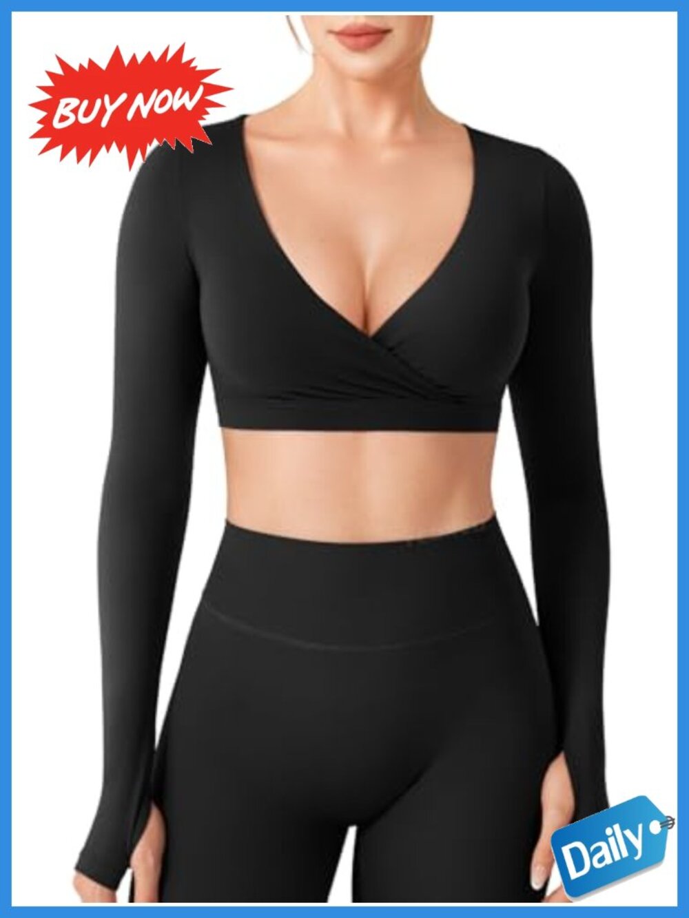 Long Sleeve Crop Top Yoga Shirt Deep V-Neck Padded Thumb Hole